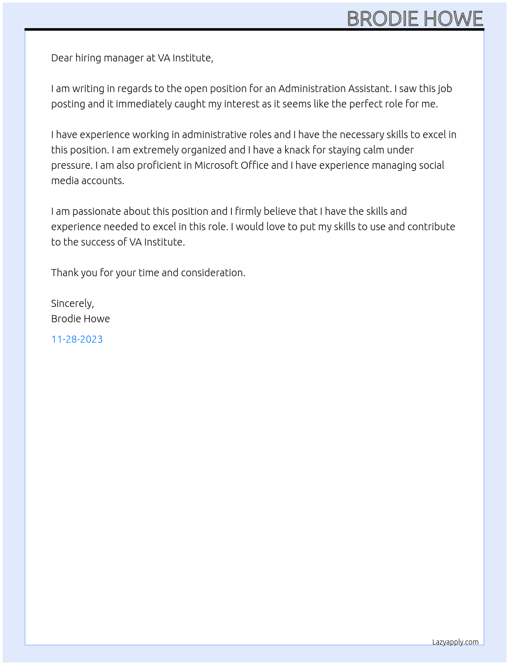 Administration Assistant At VA Institute Cover Letter