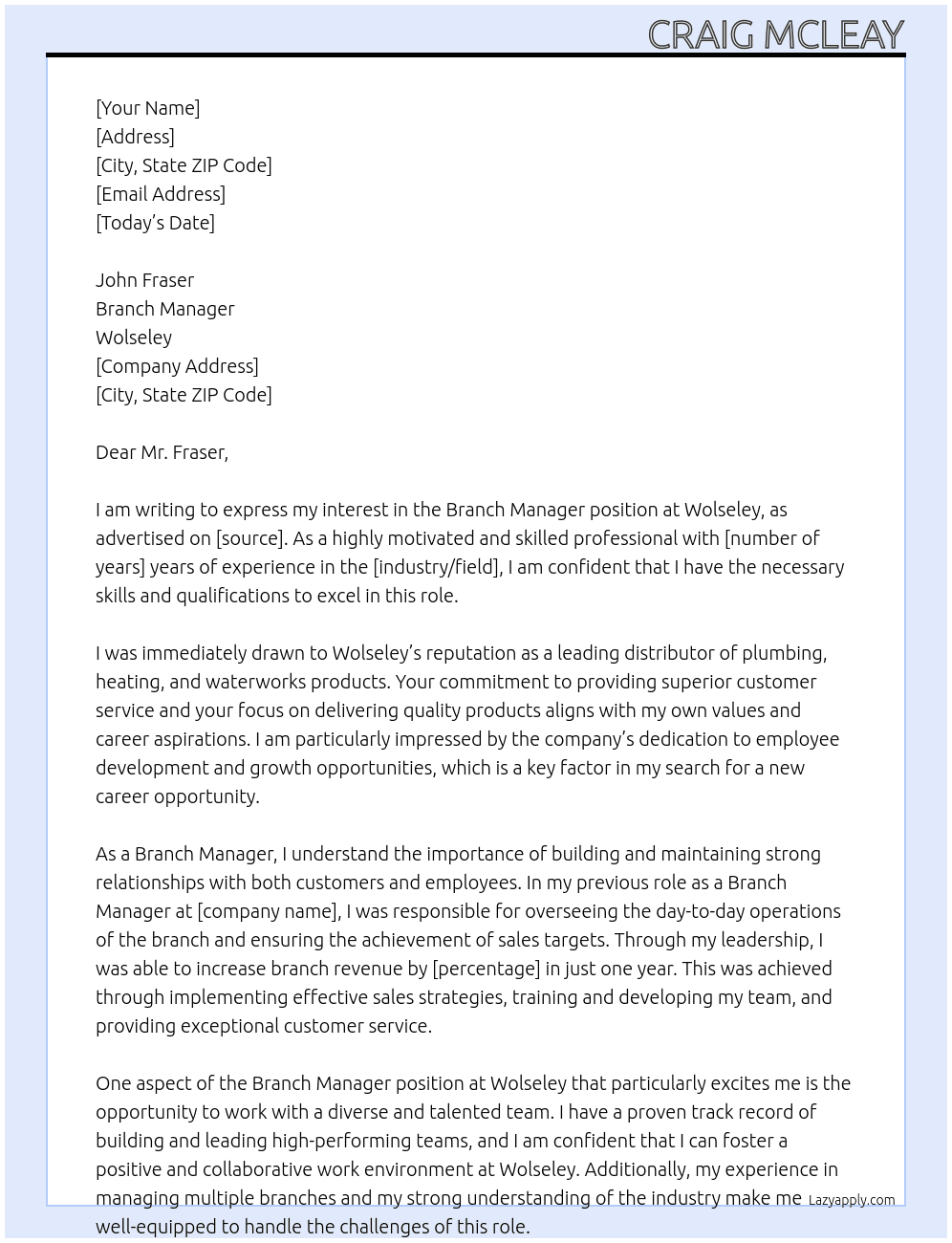 branch  manager  At wolseley Cover Letter