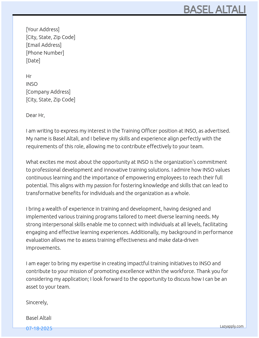 Training officer At INSO Cover Letter