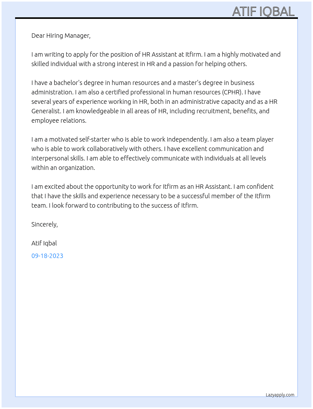 HR Assistant  At Itfirm Cover Letter