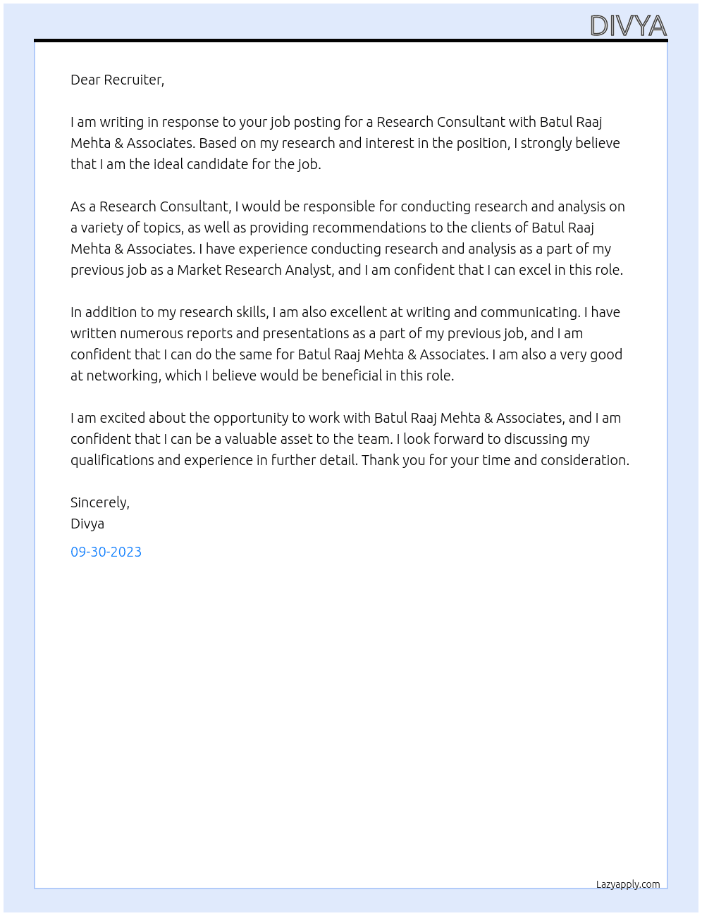 Research Consultant At Batul Raaj Mehta & Associates Cover Letter