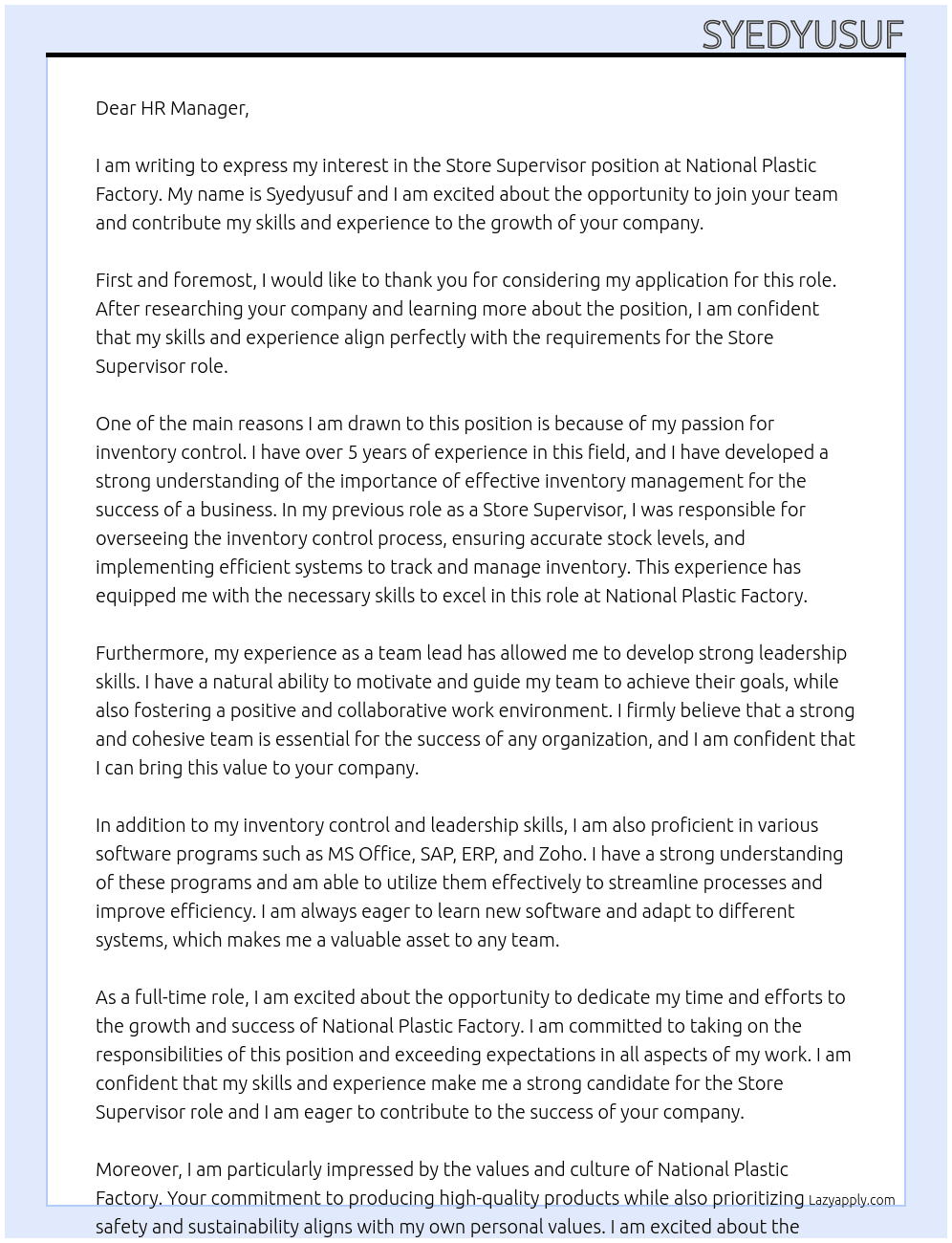 STORE SUPERVISOR  At NATIONAL PLASTIC FACTORY Cover Letter