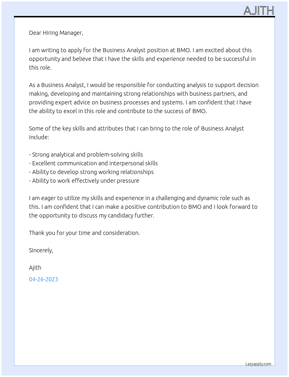 Business Analyst At BMO Cover Letter