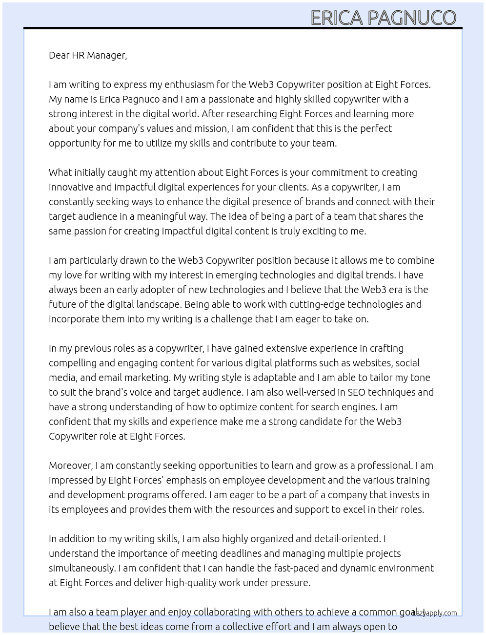 Web3 Copywriter  At Eight Forces Cover Letter