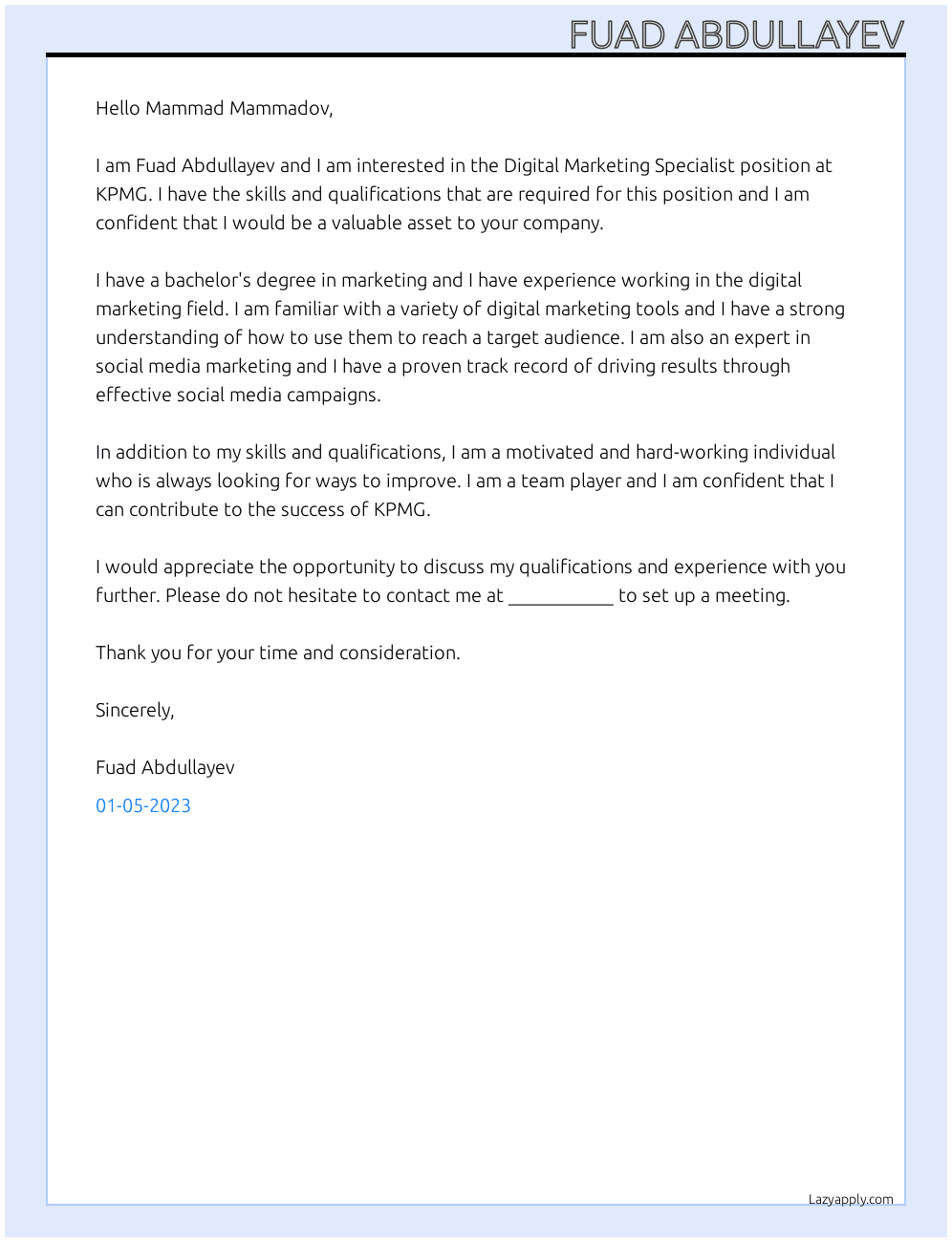 Digital Marketing Specialist At KPMG Cover Letter