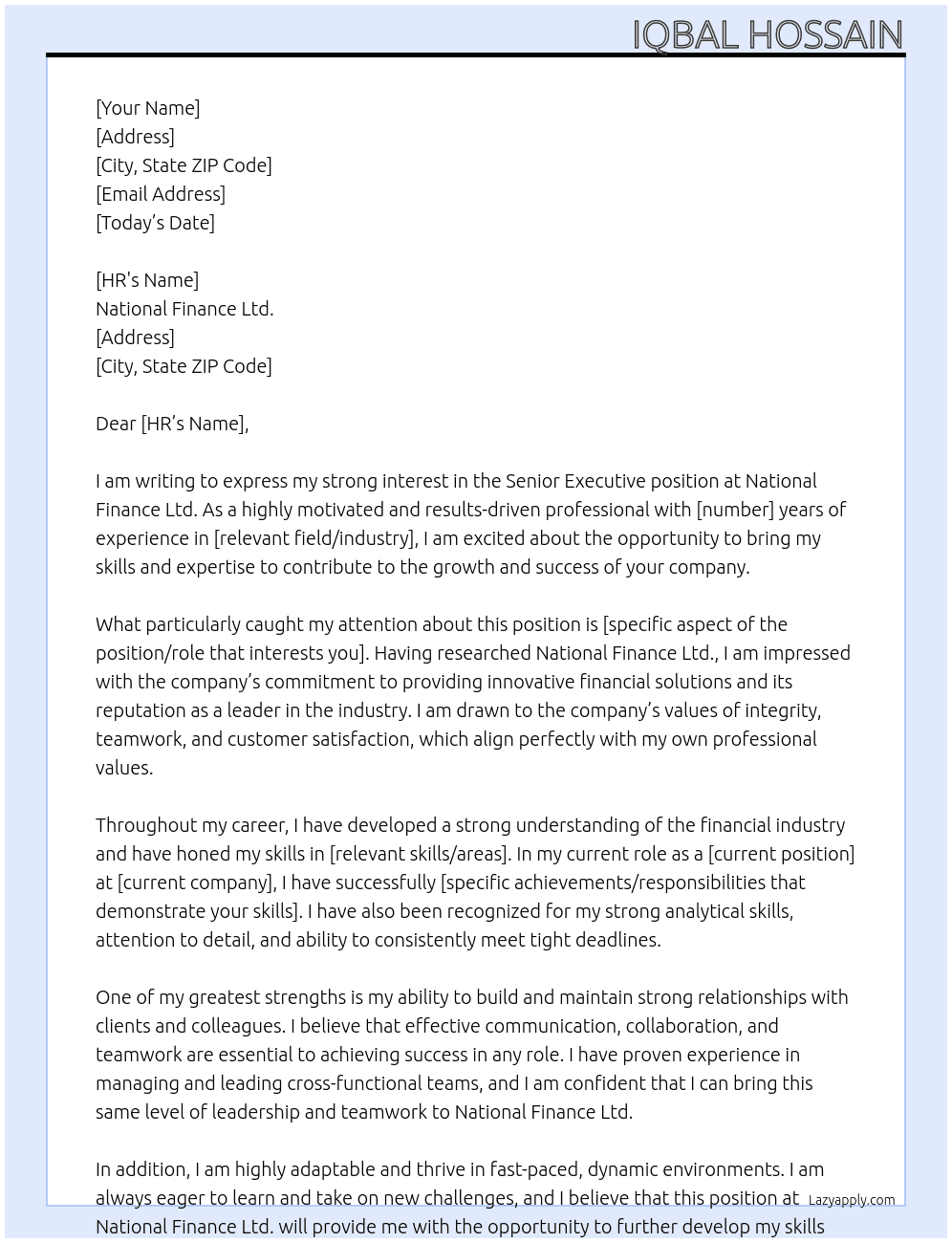 Senior Executive At National Finance Ltd. Cover Letter