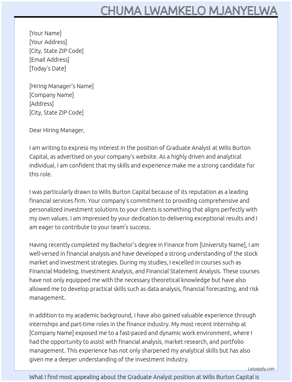 Graduate Analyst At Wilis Burton Capital  Cover Letter