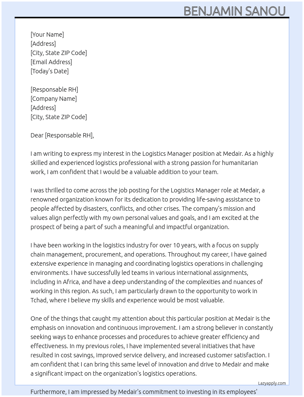 Logistics Manager At Medair Cover Letter