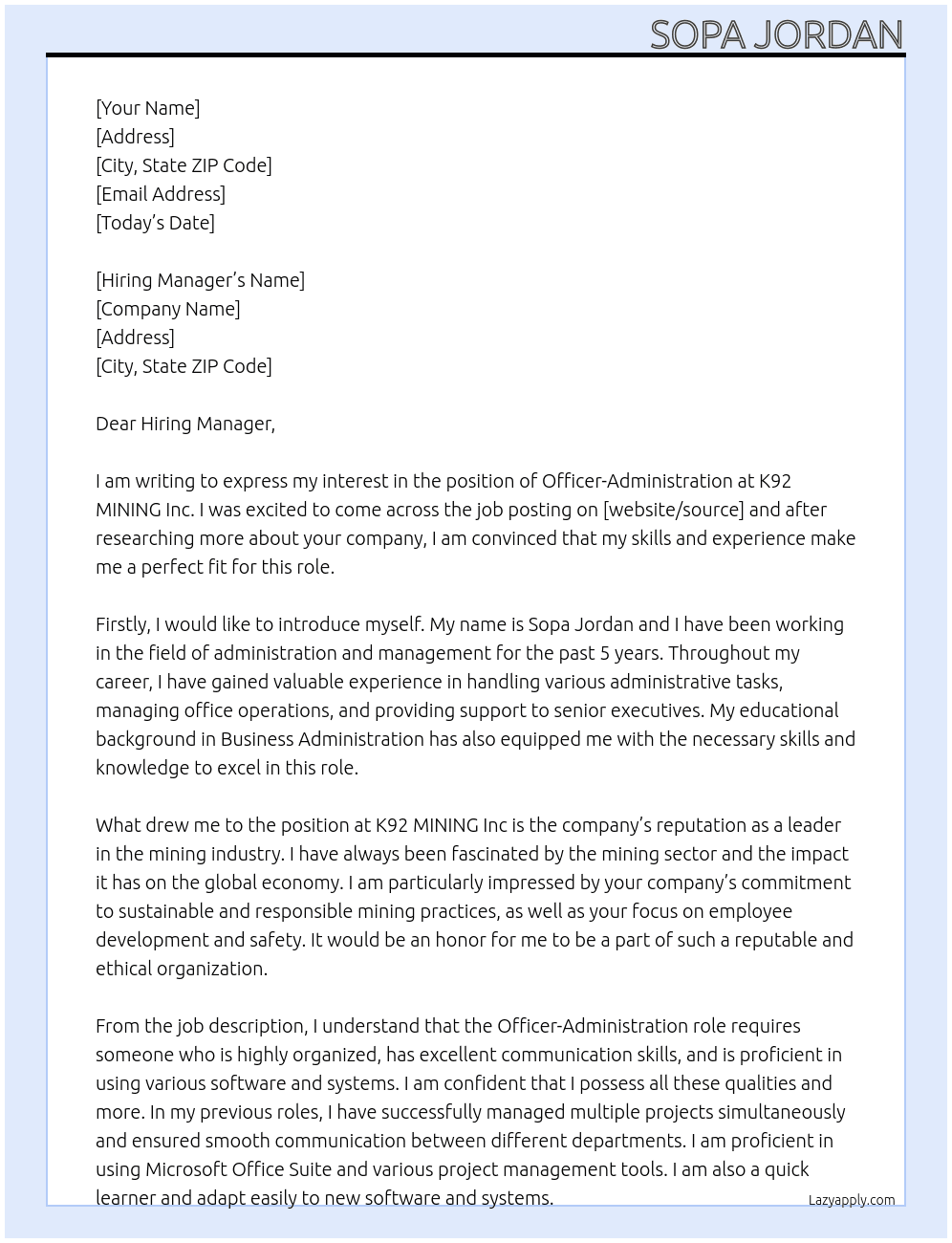 OFFICER-ADMINITRATION At K92 MINING Inc Cover Letter
