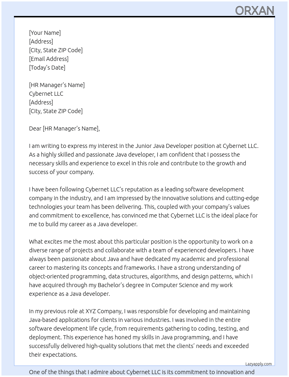 Junior Java developer At Cybernet LLC Cover Letter