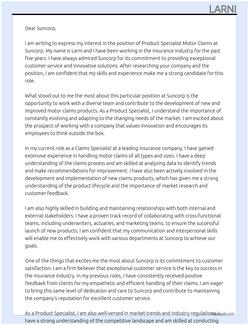 Product Specialist Motor Claims At Suncorp Cover Letter
