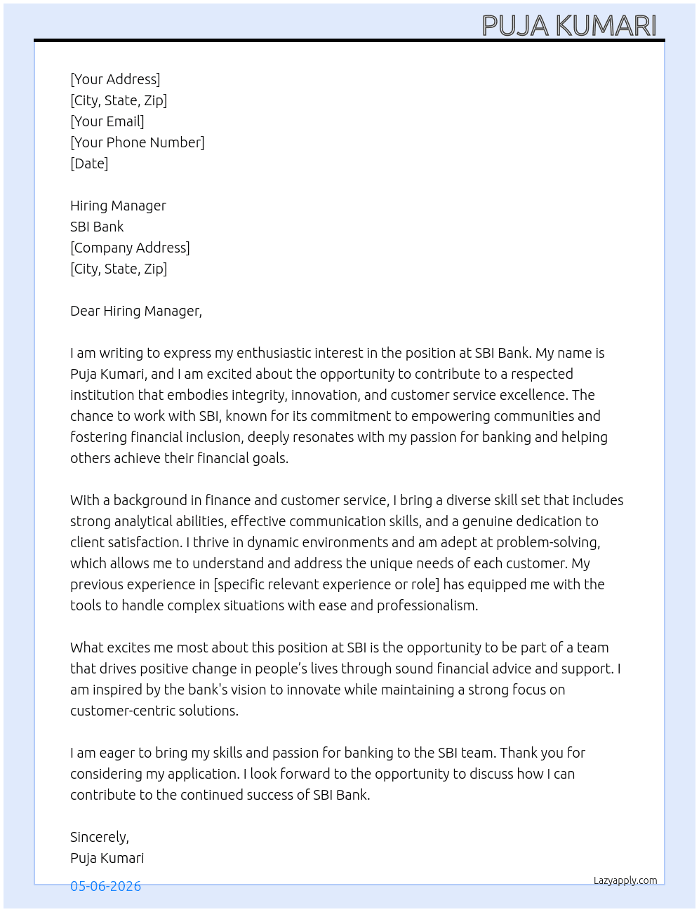 SBI Bank At SBI Cover Letter