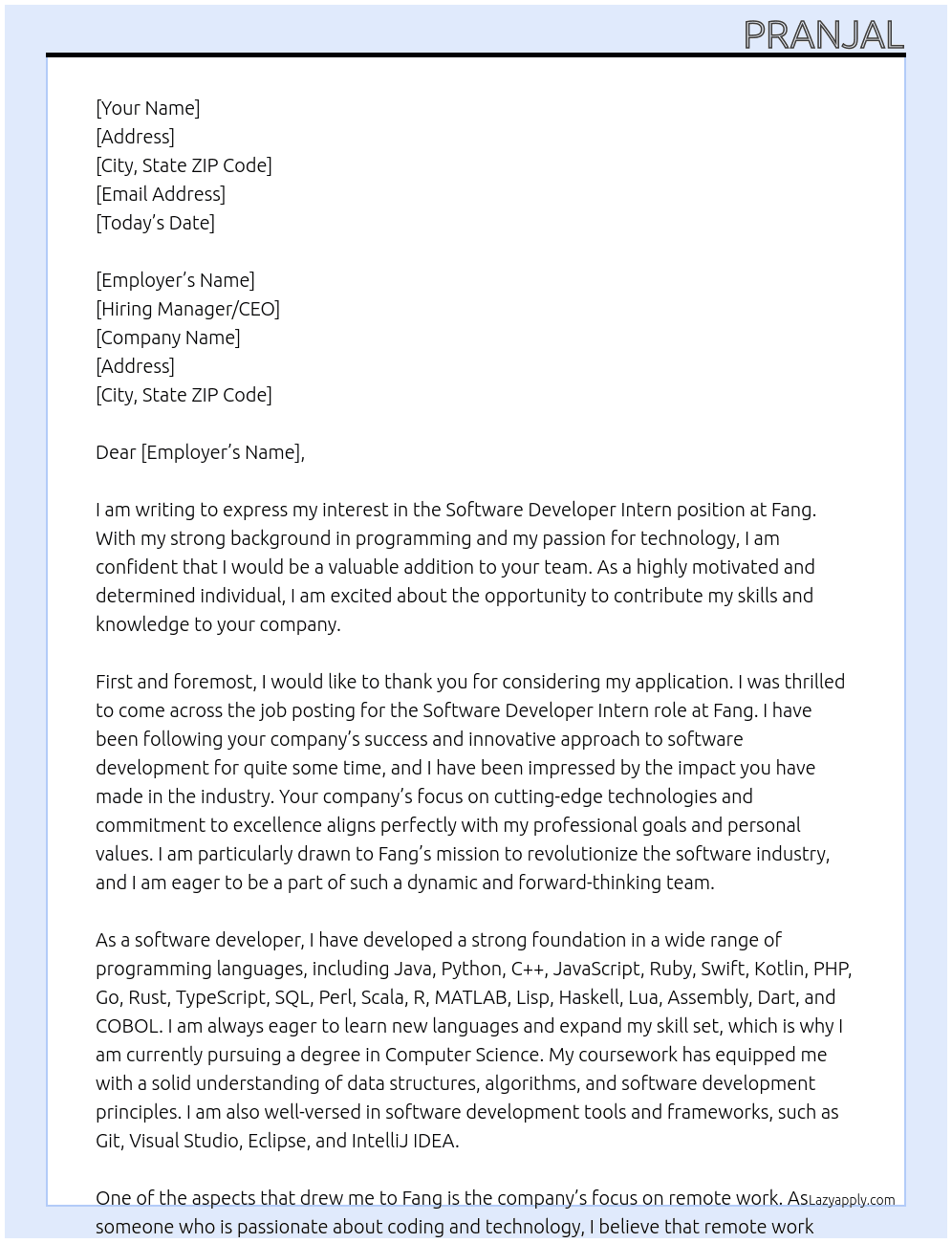 Software Developer Intern  At Fang Cover Letter