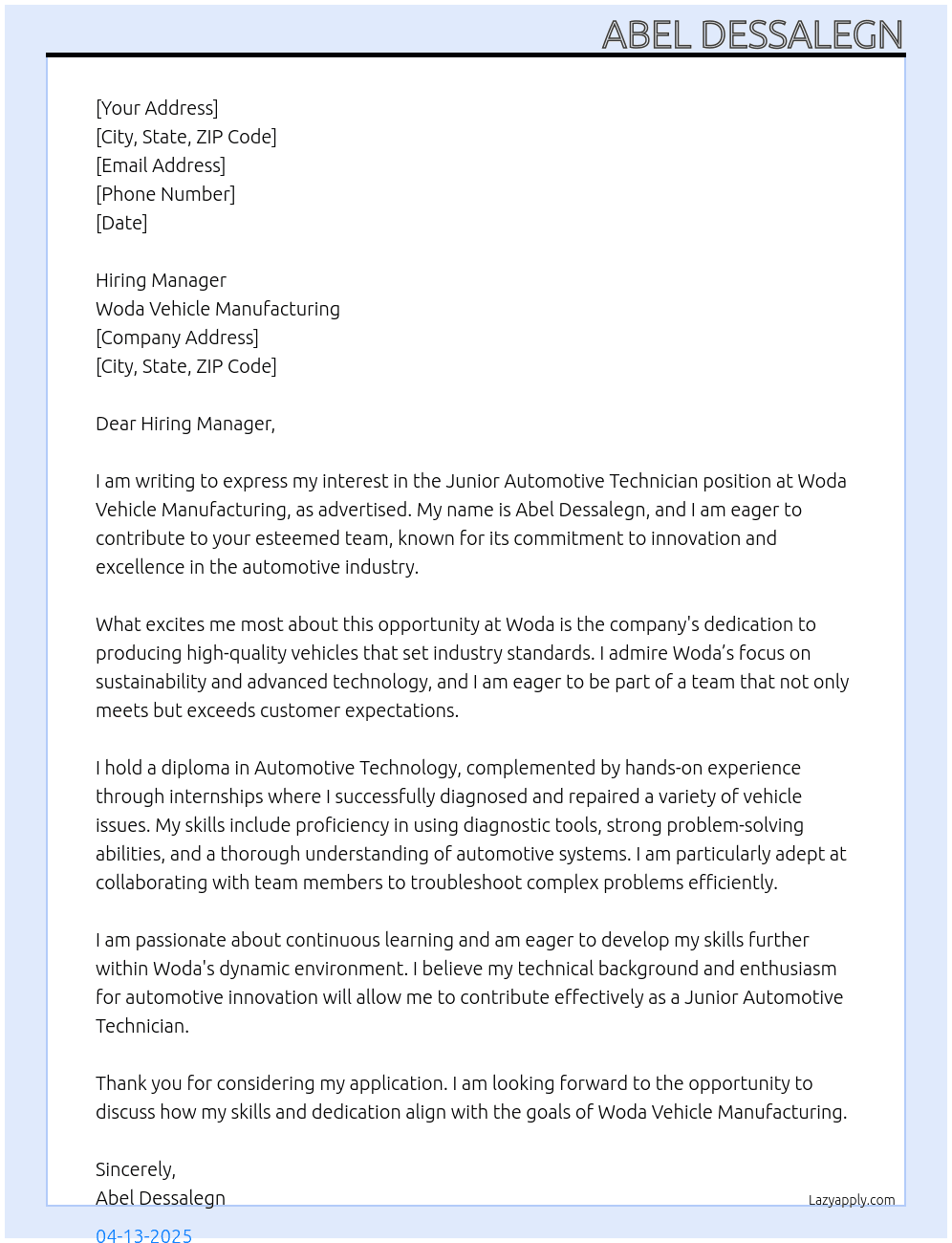Junior automotive technician  At Woda vehicle manufacturing  Cover Letter