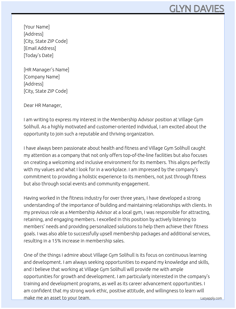 Membership Advisor  At Village Gym Solihull  Cover Letter