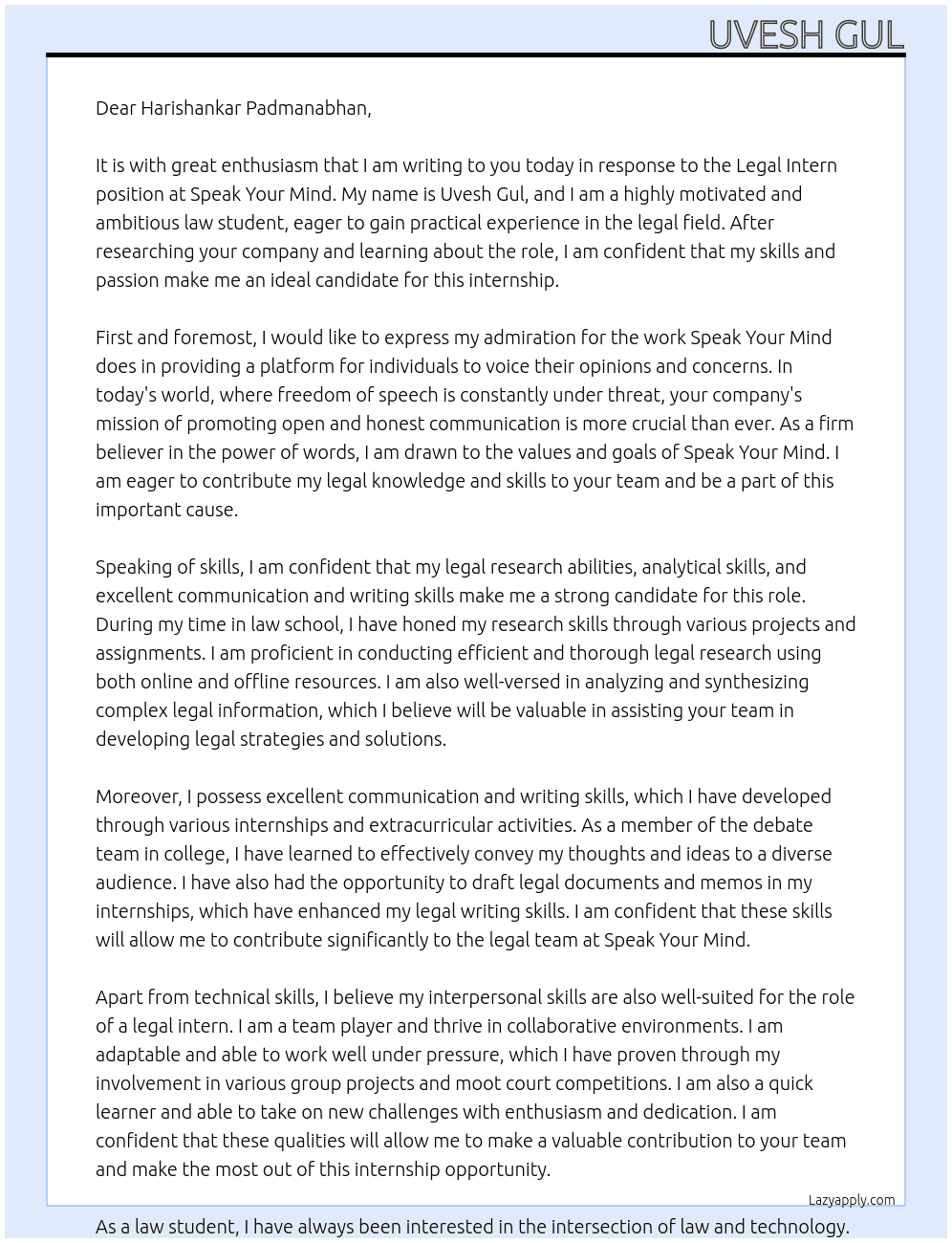 Legal Intern At Speak Your Mind Cover Letter