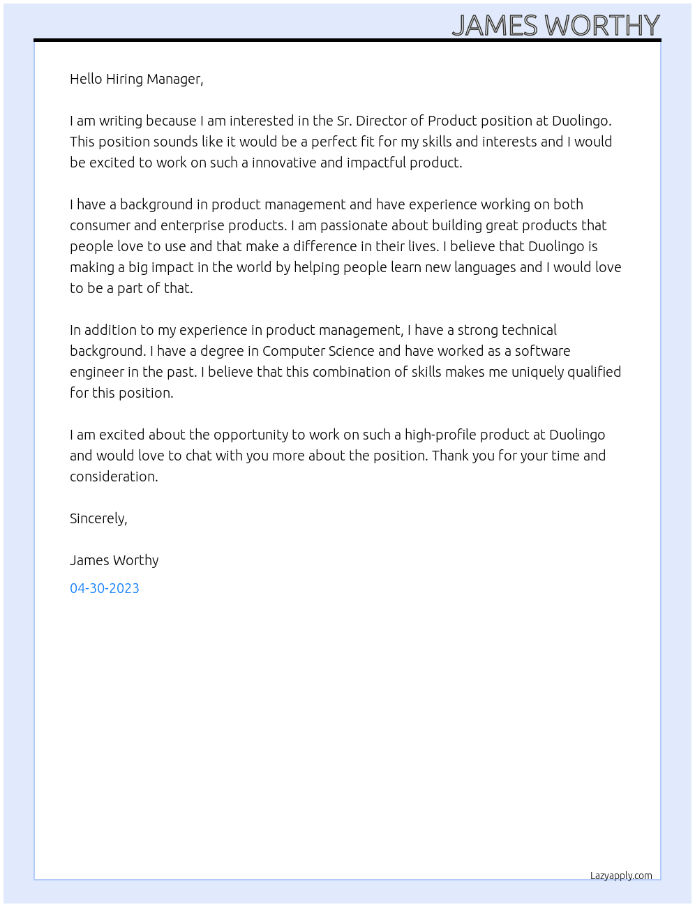 Sr. Direcor of Product At Duolingo Cover Letter