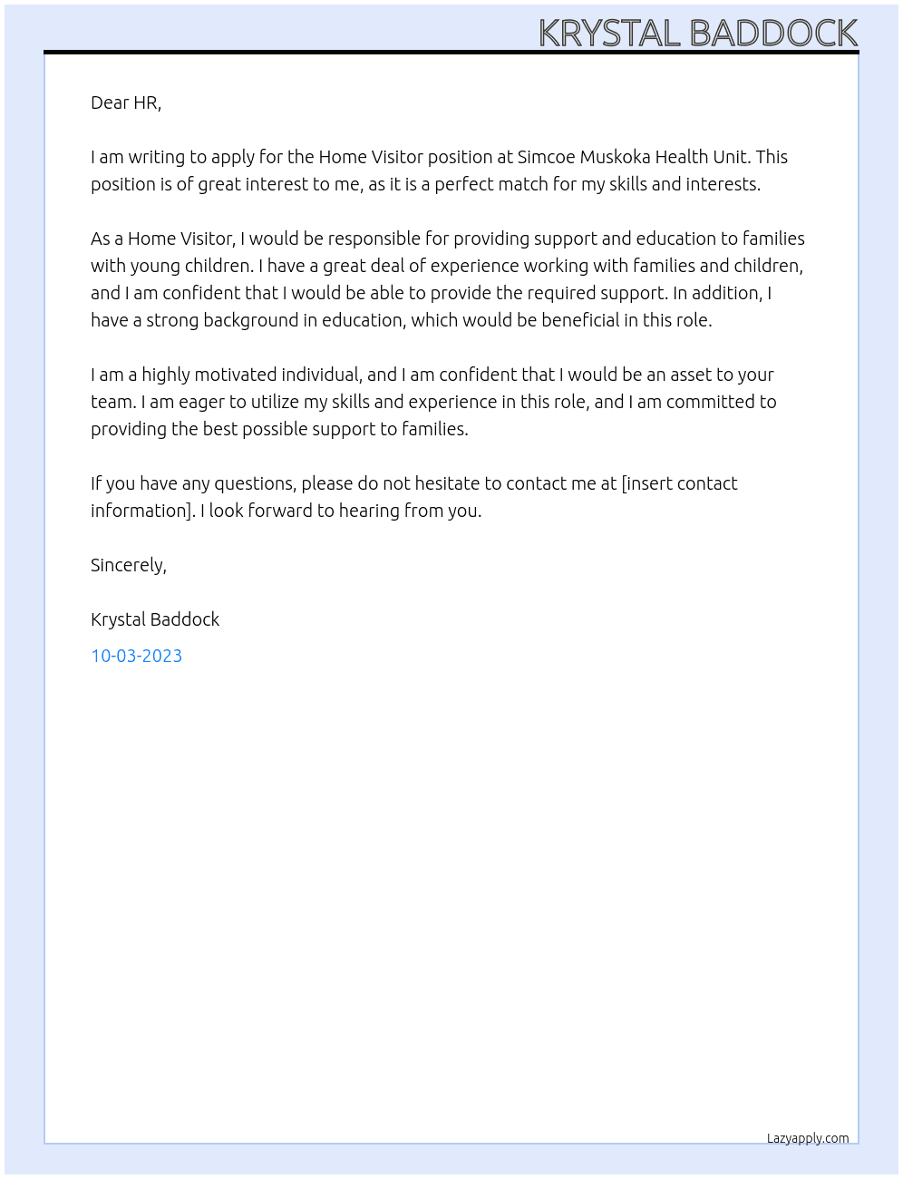 Home Visitor At Simcoe Muskoka Health Unit Cover Letter