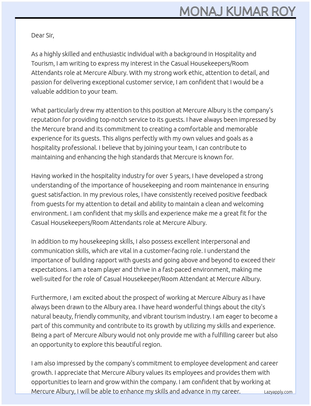 Casual Housekeepers/Room Attendants At Mercure Albury Cover Letter
