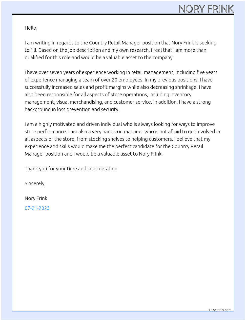 Country Retail Manager At Nory Frink Cover Letter