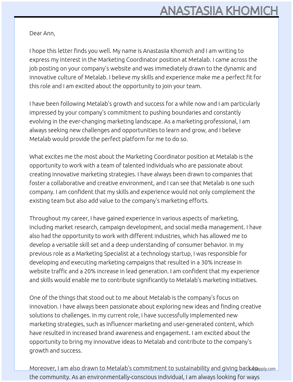 Marketing Coordinator  At Metalab  Cover Letter