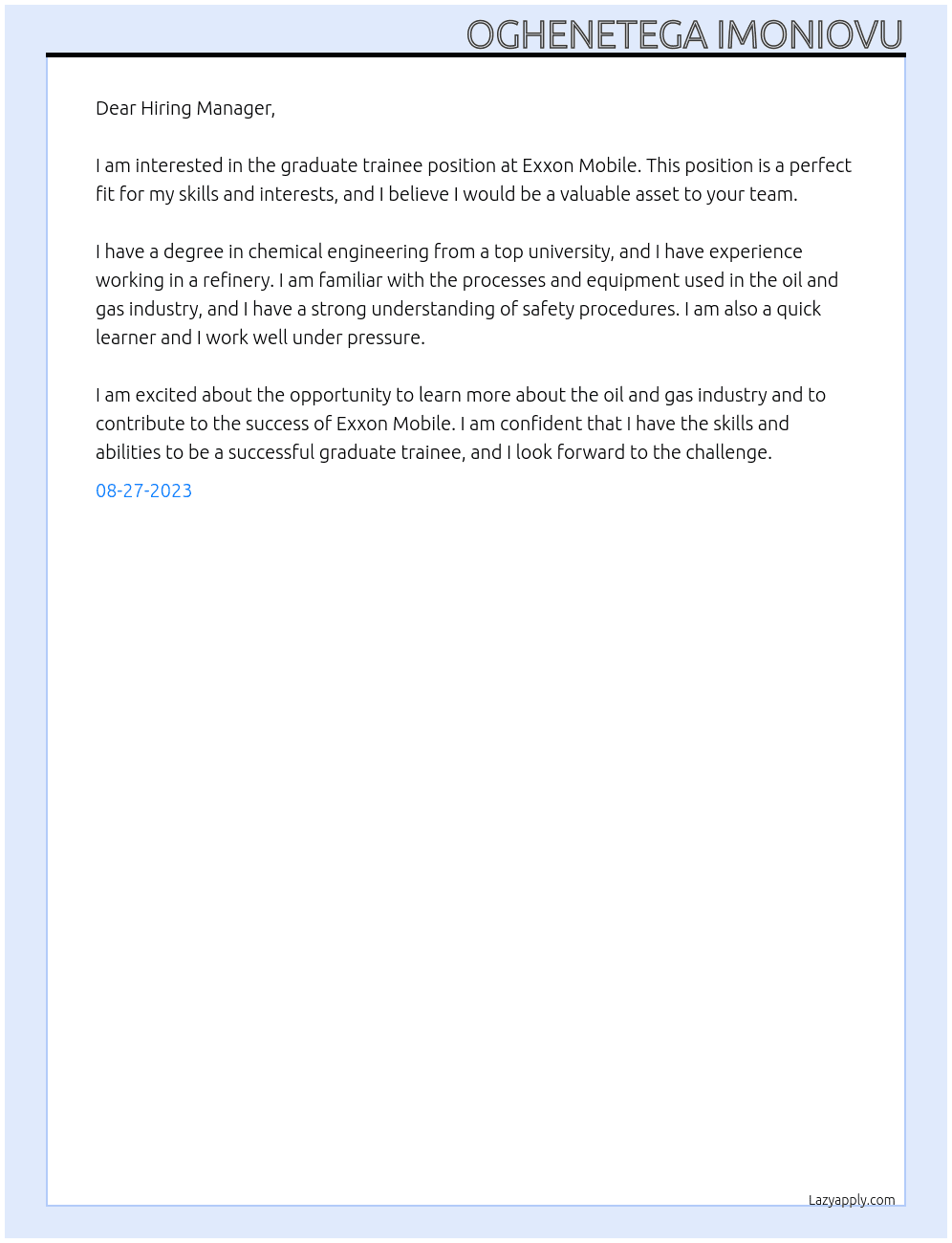 Graduate Trainee  At Exxon mobile Cover Letter