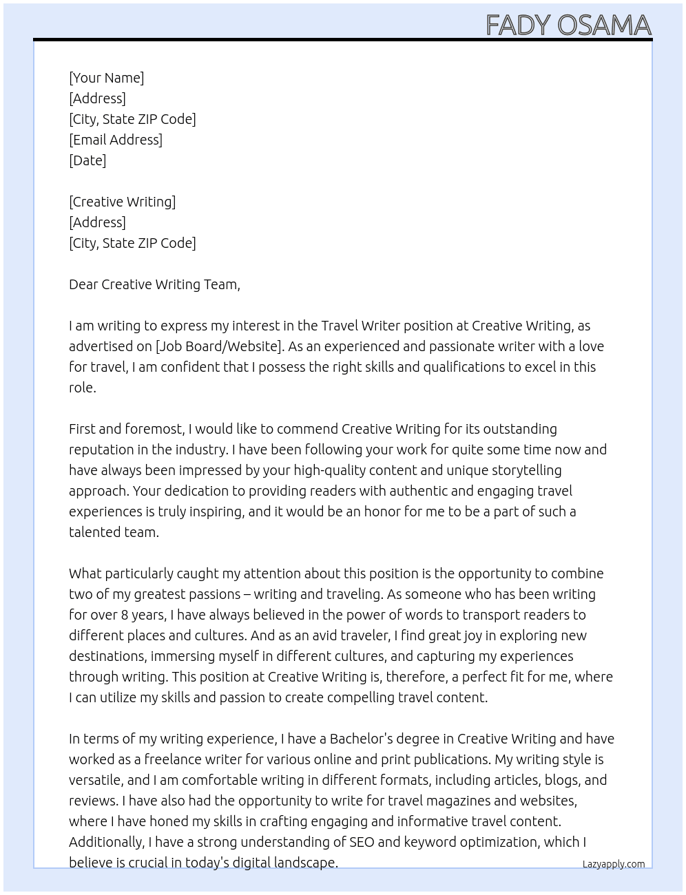 Travel Writer At Creative Writing Cover Letter