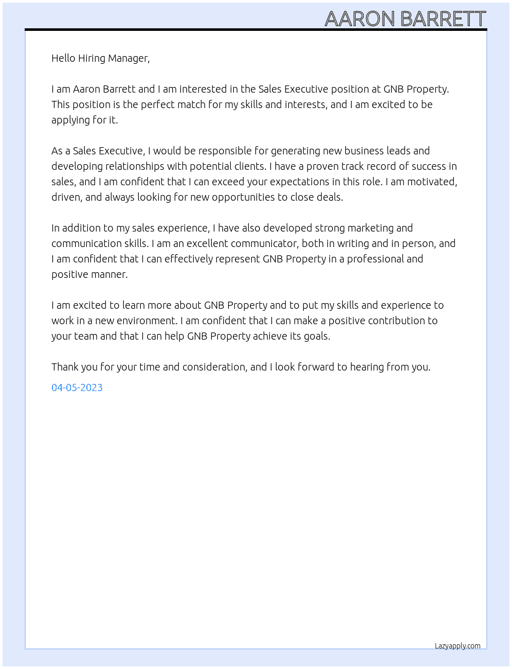 Sales Executive  At GNB Property  Cover Letter