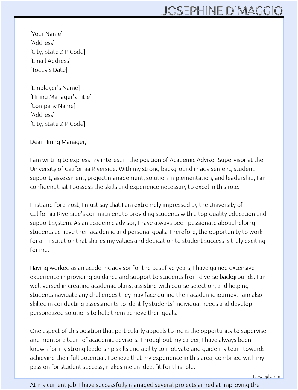 academic advisor supervisor At University of California Riverside Cover Letter