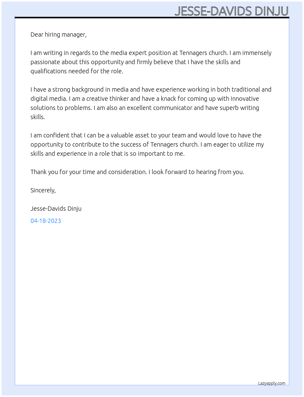 media expert At Media unit in Tennagers church Cover Letter