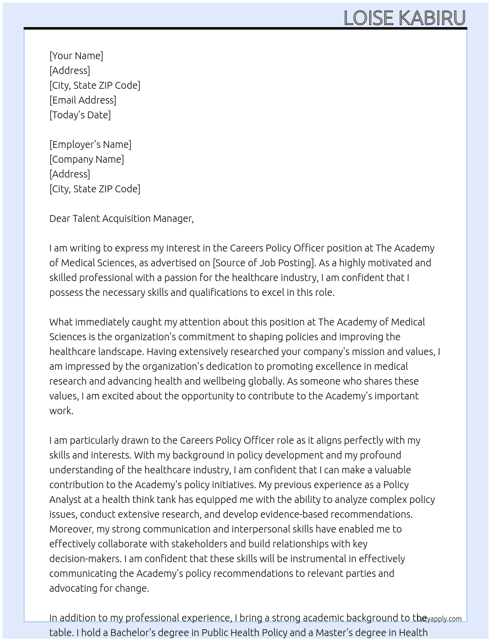 Careers Policy Officer At The Academy of Medical Sciences Cover Letter