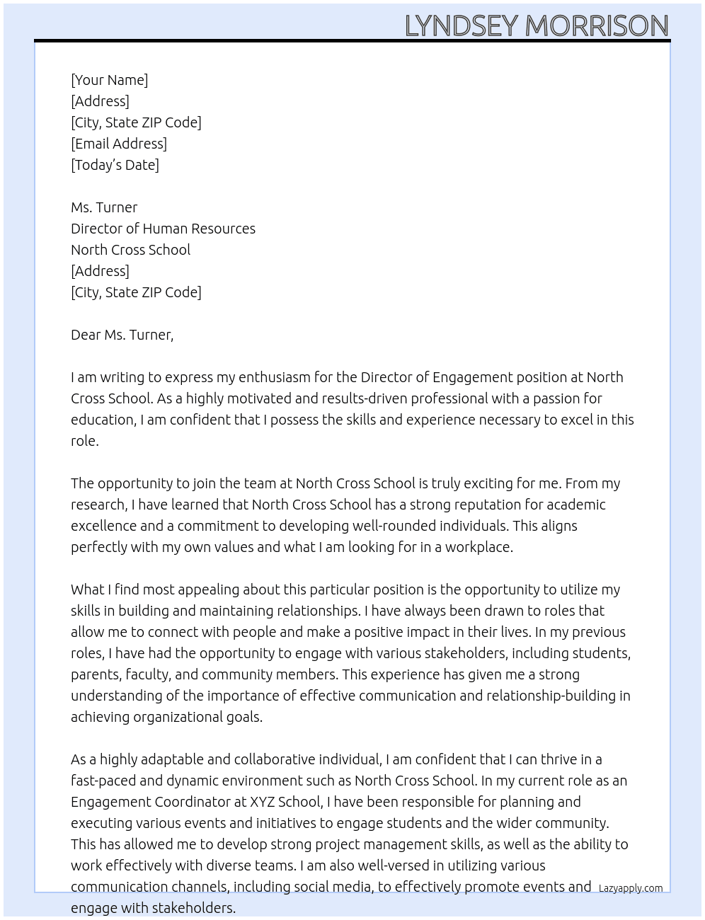 Director of Engagement At North Cross School Cover Letter