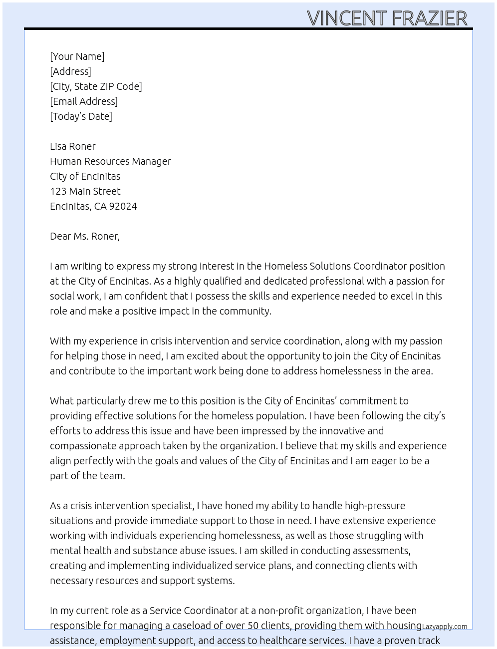 Homeless Solutions Coordinator  At City of Encinitas  Cover Letter