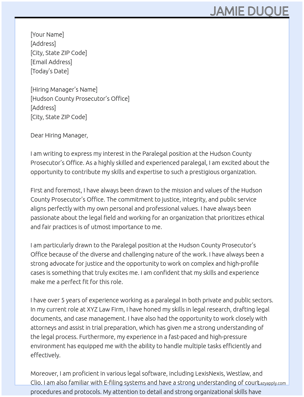 Paralegal At Hudson County Prosecutor’s Office Cover Letter