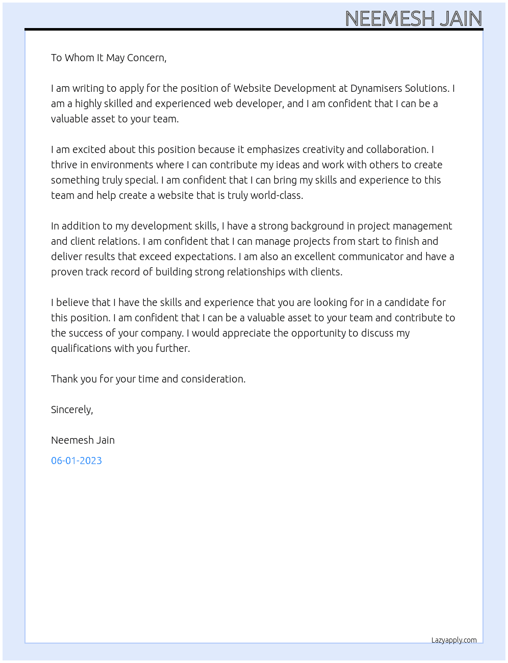 Website Development At Dynamisers Solutions Cover Letter