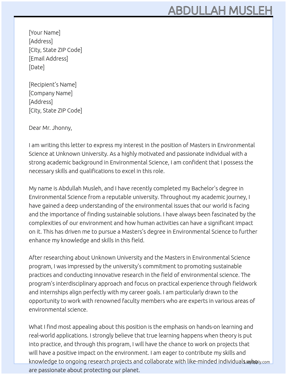Masters in Environmental Science  At unknown university Cover Letter
