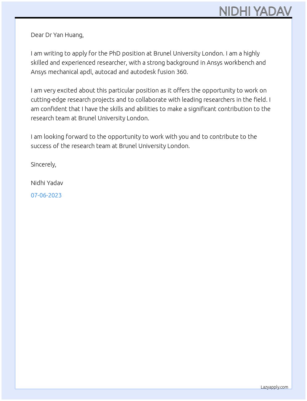 PhD and research  At Brunel University London  Cover Letter