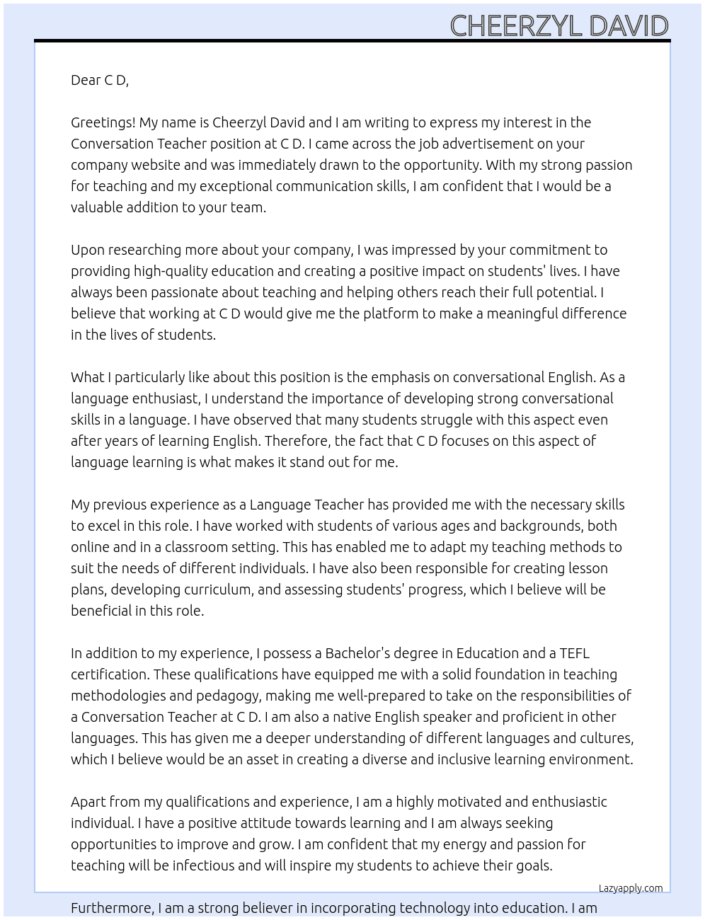 Conversation Teacher At C D Cover Letter