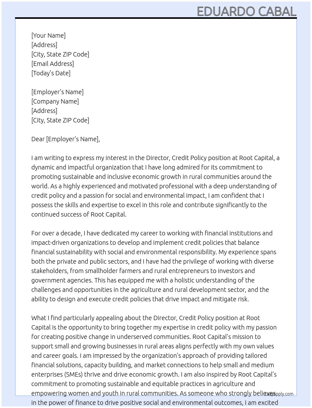 Director, Credit Policy At Root Capital Cover Letter