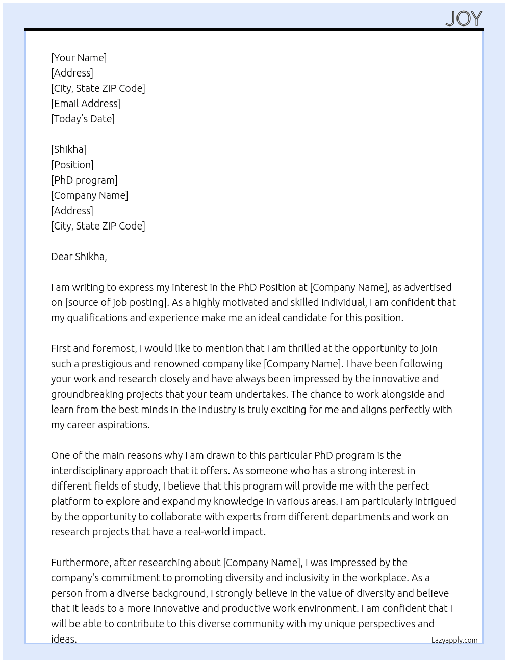PhD Position  At PhD program  Cover Letter