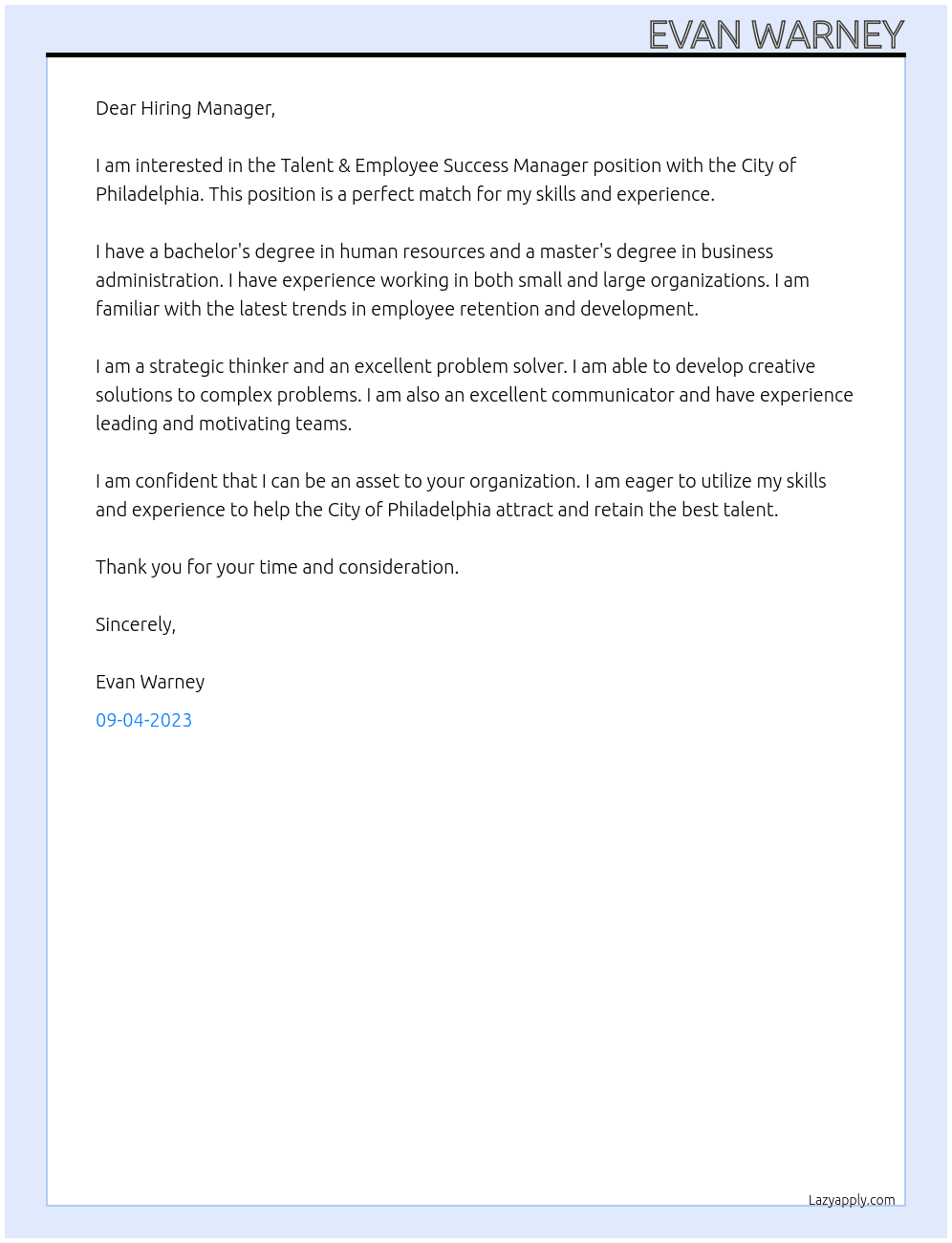 Talent & Employee Success Manager At City of Philadelphia Cover Letter