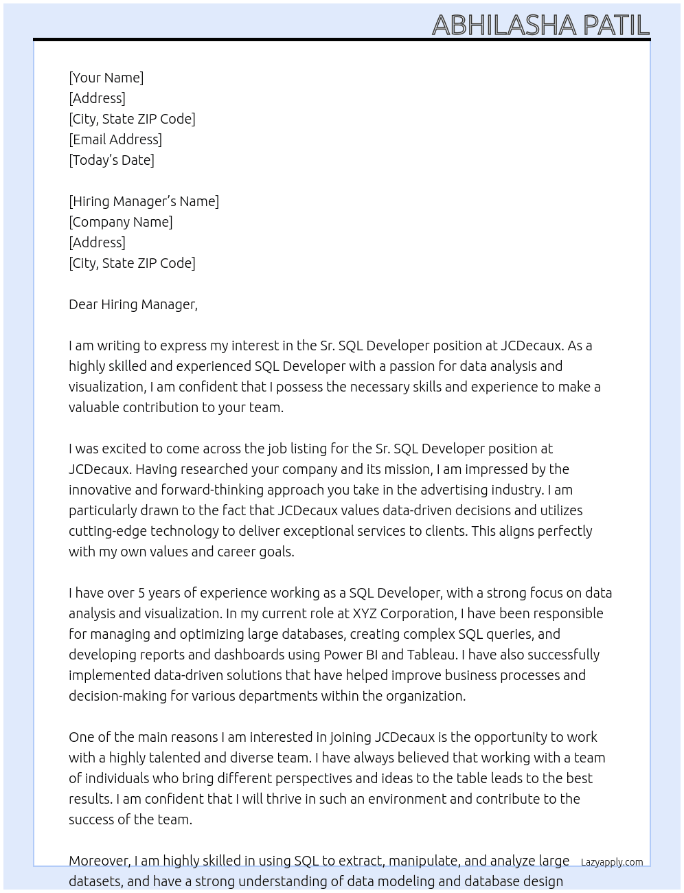 Sr. SQL Developer At JCDecaux Cover Letter