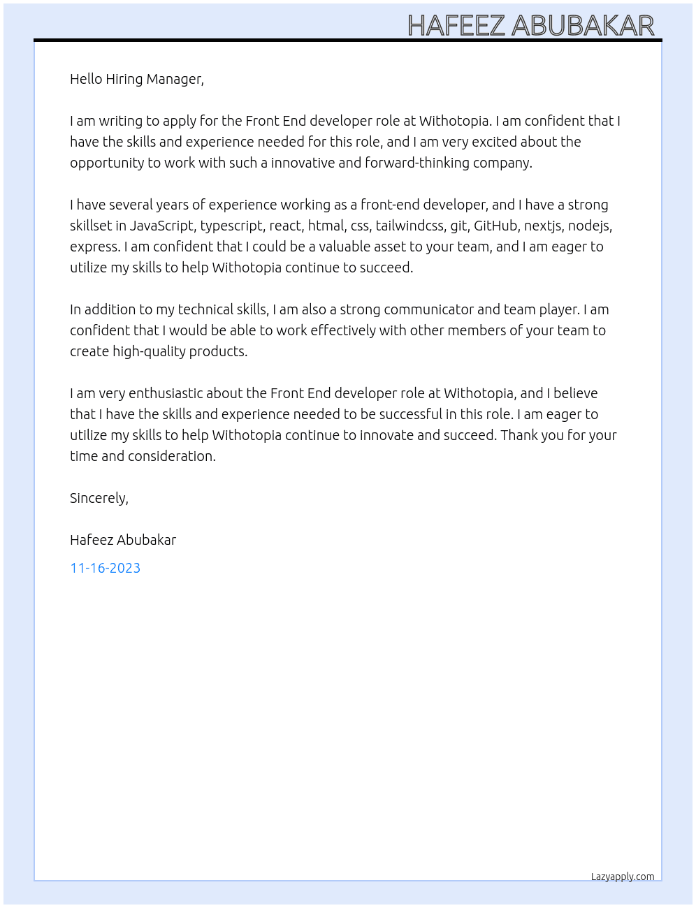 Front End developer  At Withotopia Cover Letter