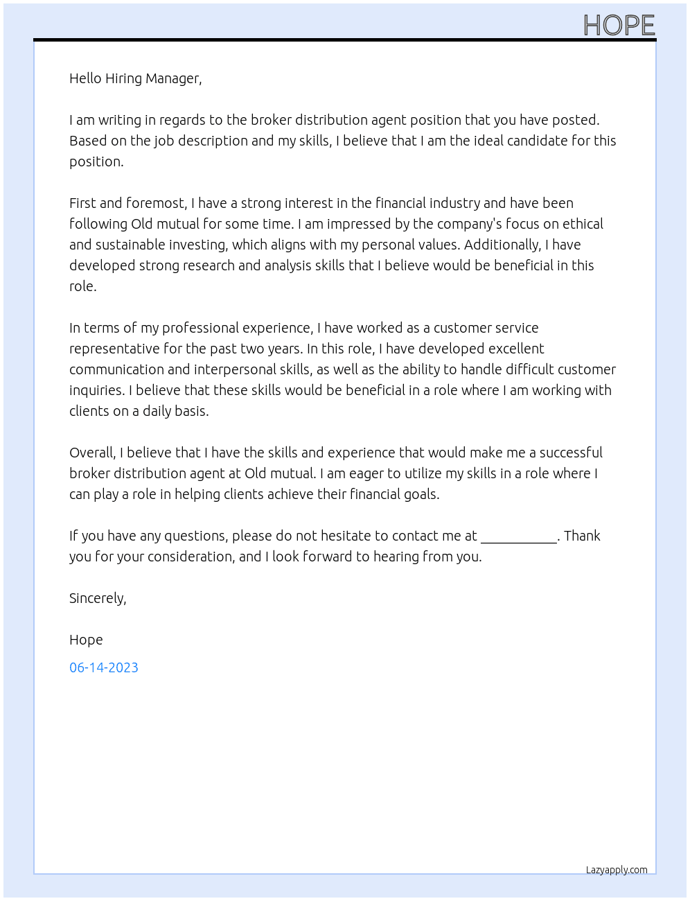 Broker distribution agent At Old mutual  Cover Letter