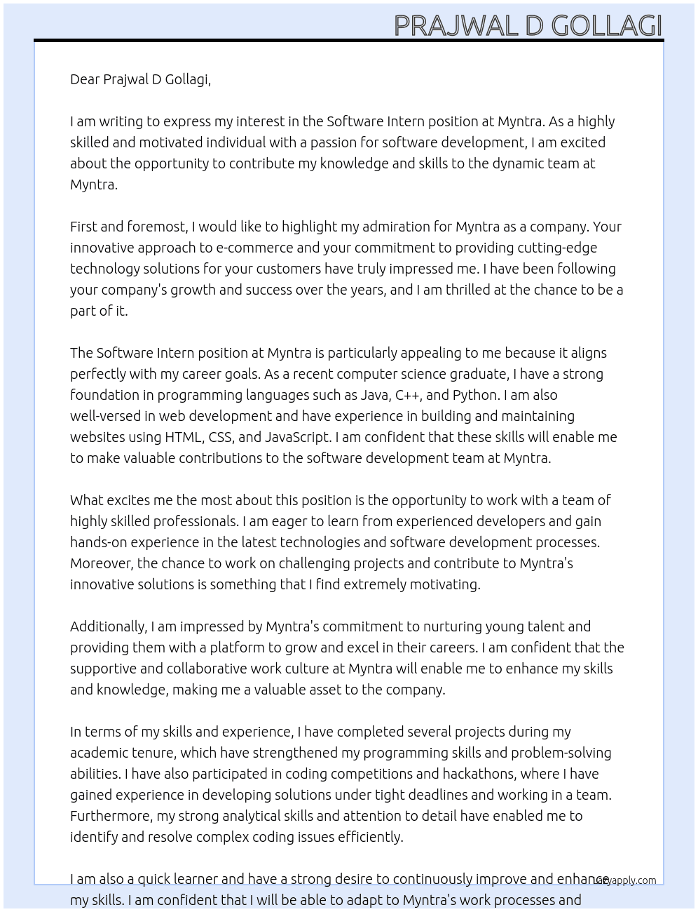 Software intern At MYNTRA Cover Letter
