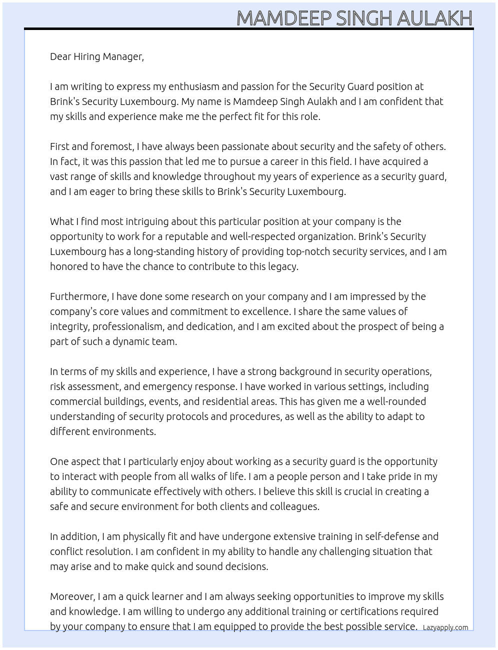 Security Guard At Brink's Security Luxembourg Cover Letter