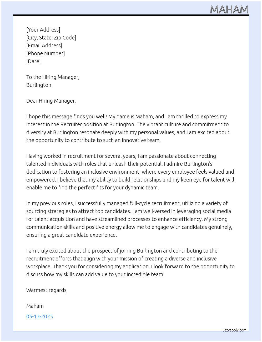 Recruiter At Burlington  Cover Letter