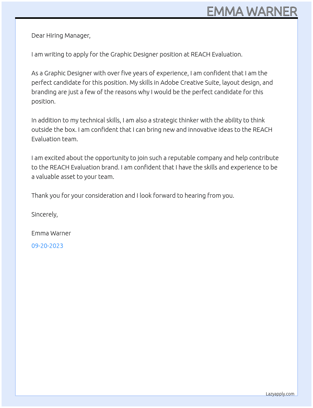 Graphic Designer At REACH Evaluation  Cover Letter