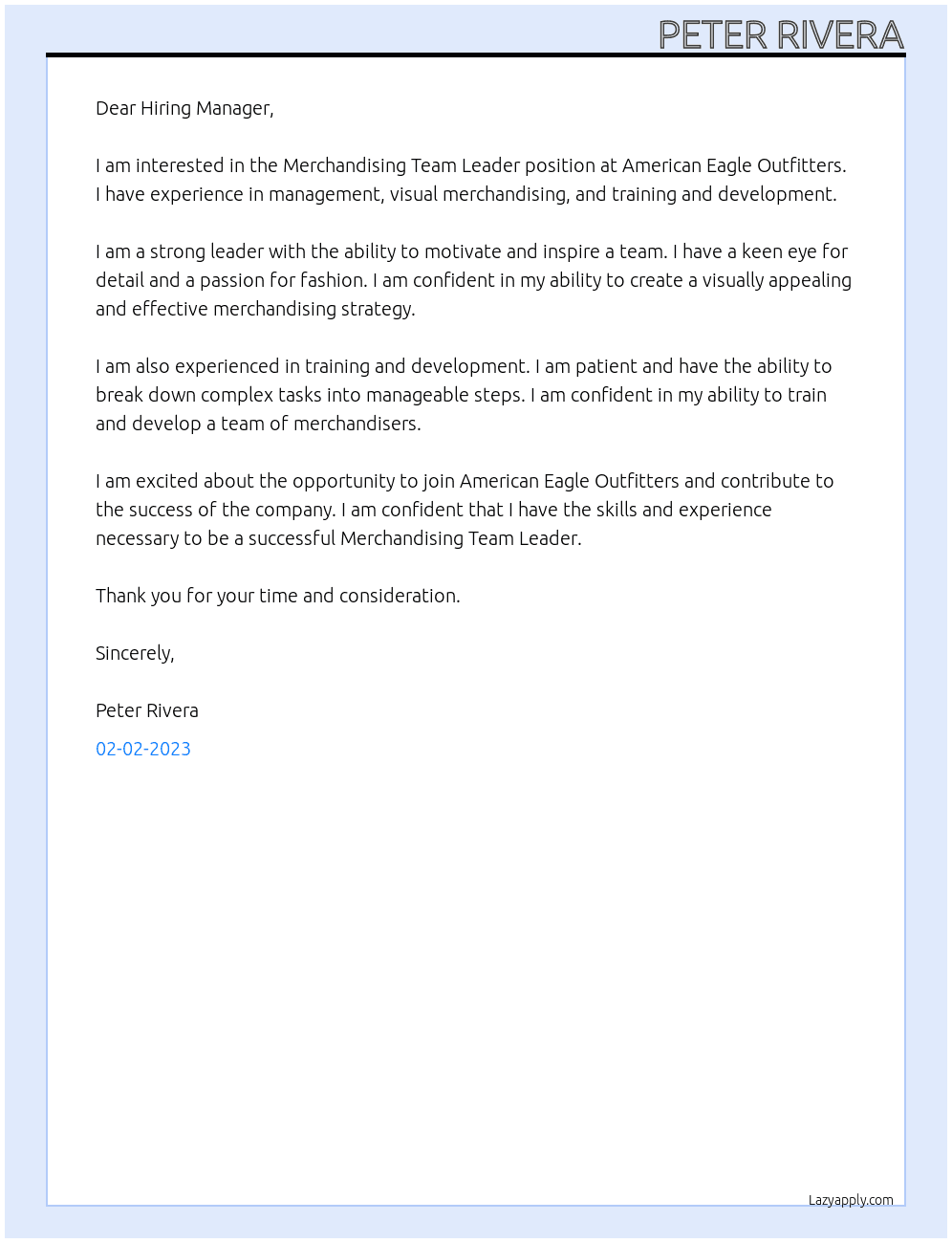 Merchandising Team Leader At American Eagle Outfitters Cover Letter
