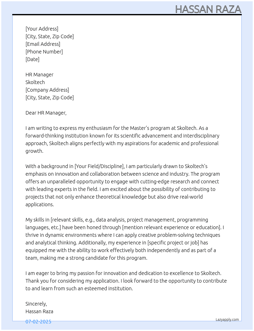 Masters program  At Skoltech  Cover Letter